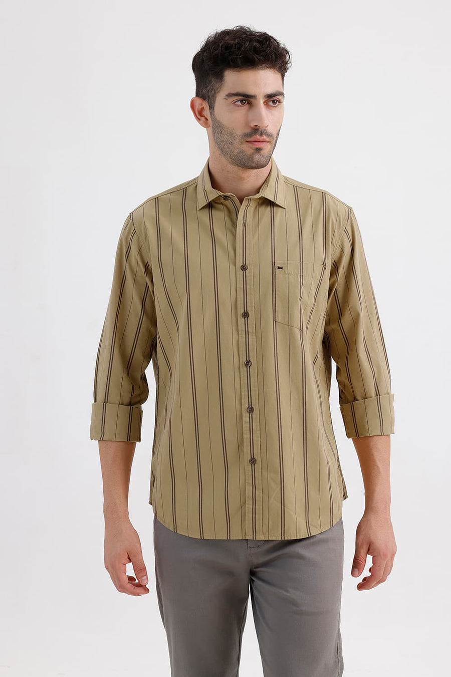 BASICS SLIM FIT LARK KHAKI COTTON STRIPE SHIRT