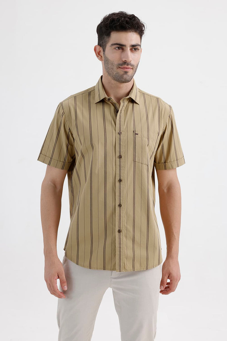 BASICS SLIM FIT LARK KHAKI COTTON STRIPE HALFSLEEVES SHIRT