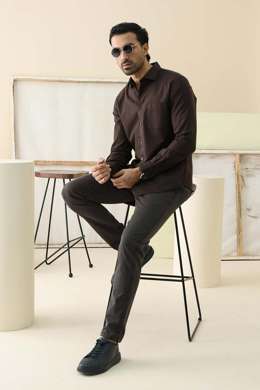 Basics Slim Fit Lark Khaki Cotton Stripe Shirt