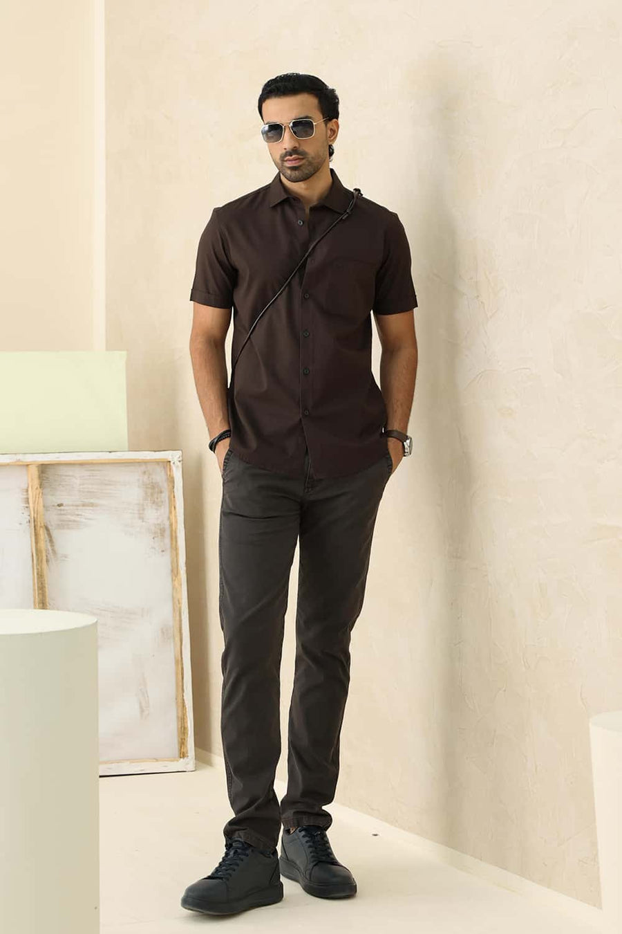 Basics Slim Fit Lark Khaki Cotton Stripe Halfsleeves Shirt