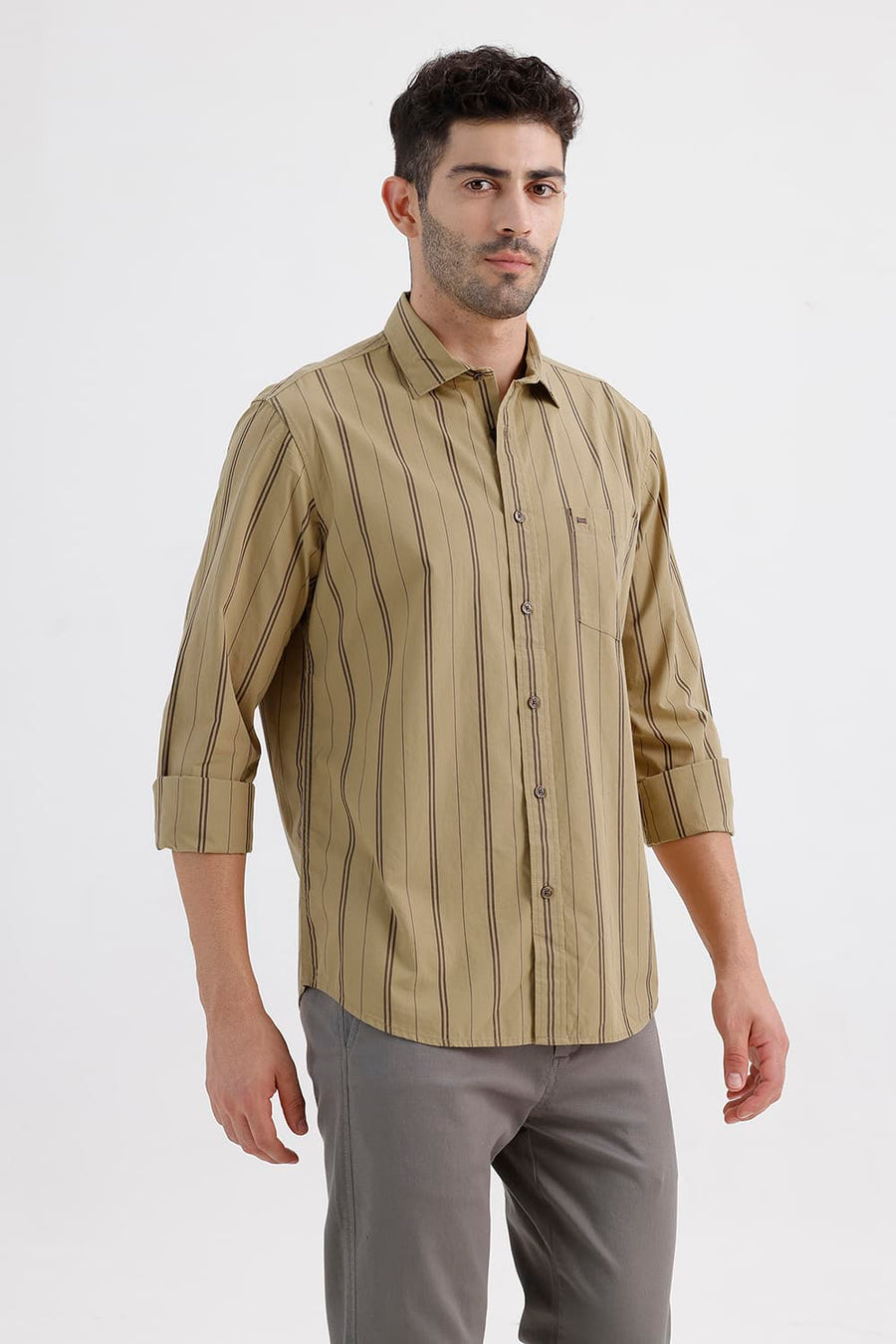 BASICS SLIM FIT LARK KHAKI COTTON STRIPE SHIRT