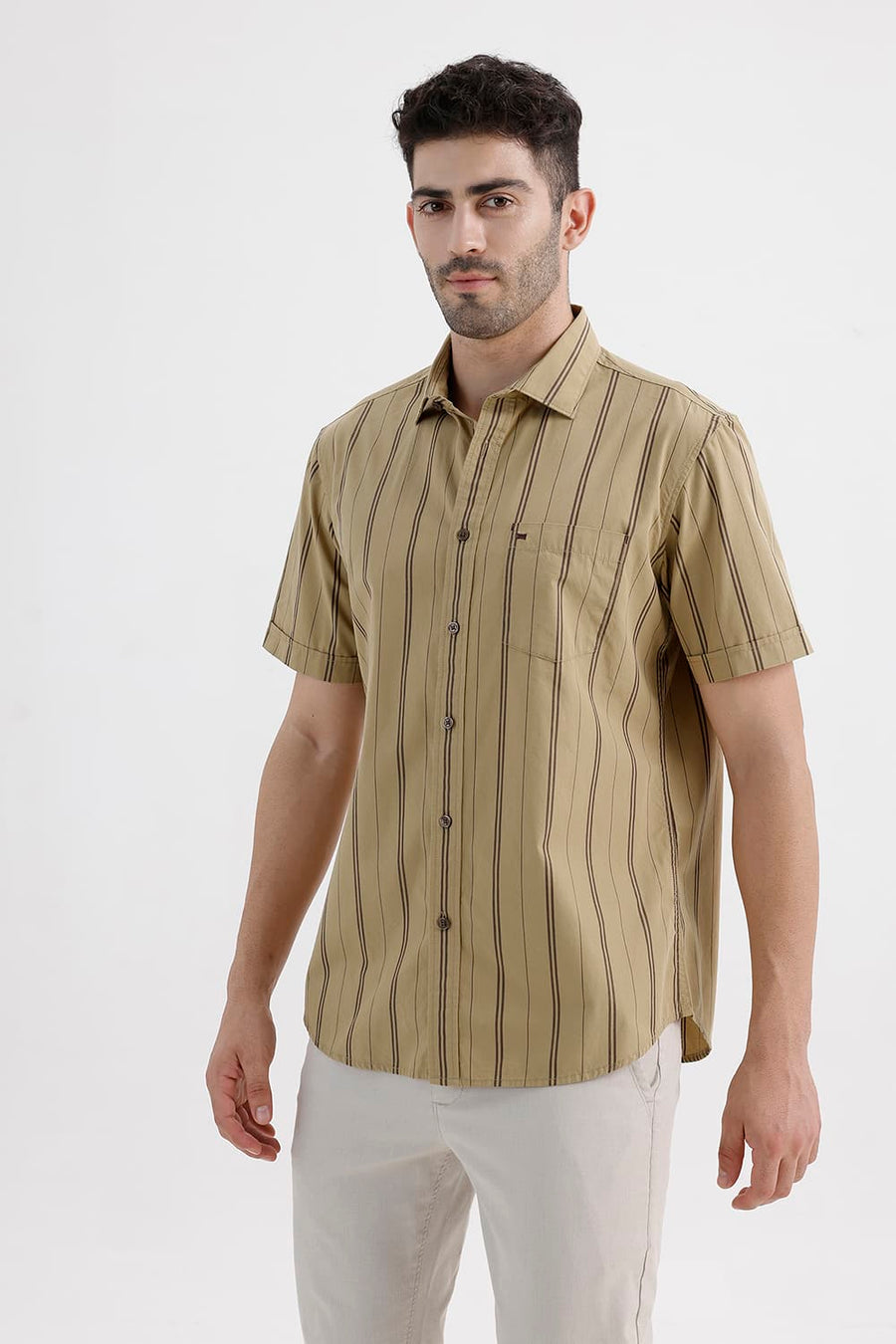 BASICS SLIM FIT LARK KHAKI COTTON STRIPE HALFSLEEVES SHIRT