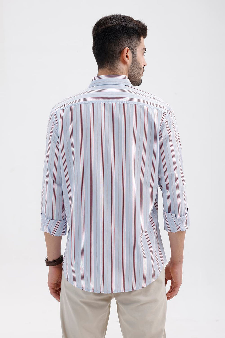 BASICS SLIM FIT HEATHER BLUE COTTON STRIPE SHIRT