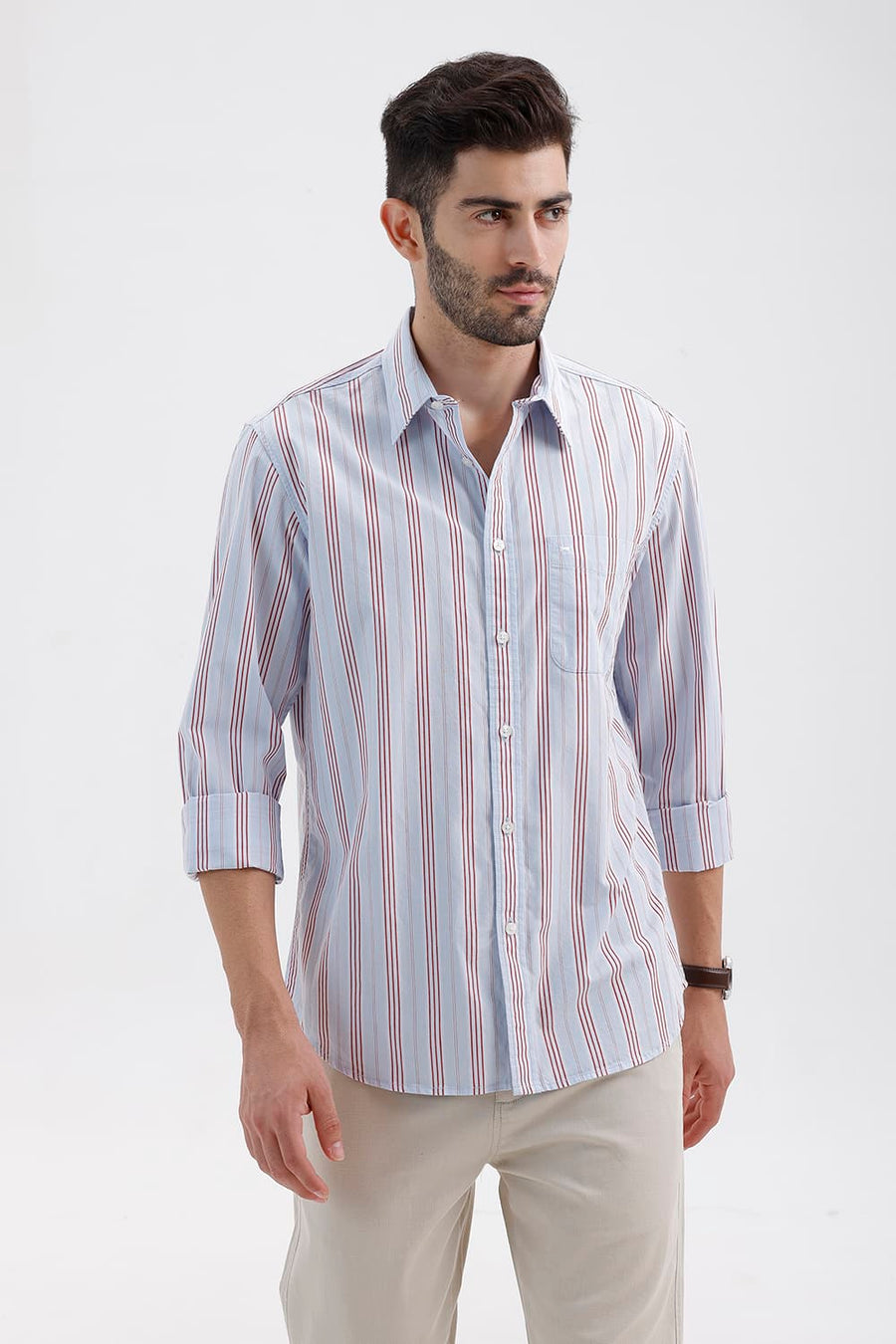 BASICS SLIM FIT HEATHER BLUE COTTON STRIPE SHIRT