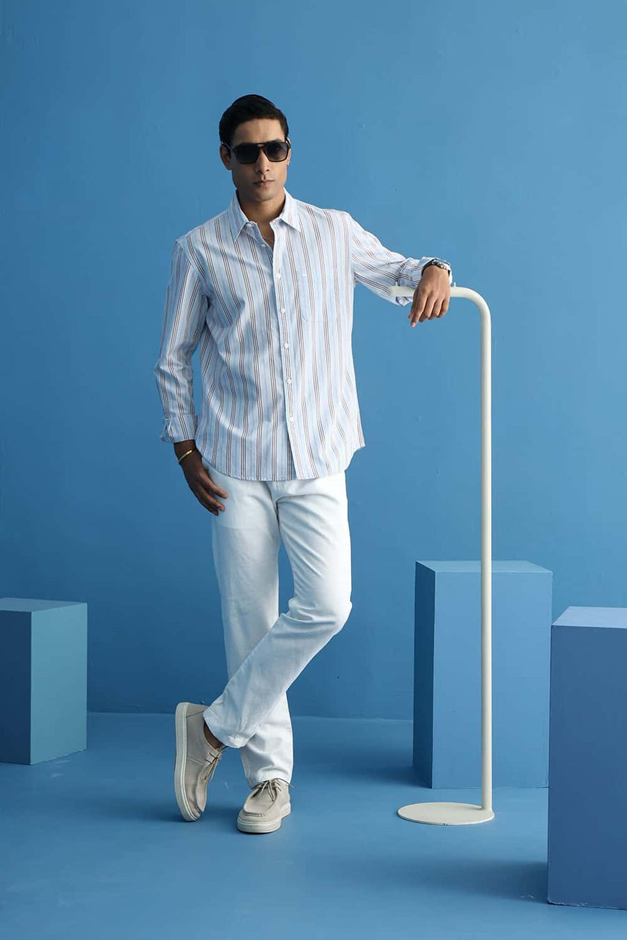 Basics Slim Fit Heather Blue Cotton Stripe Shirt