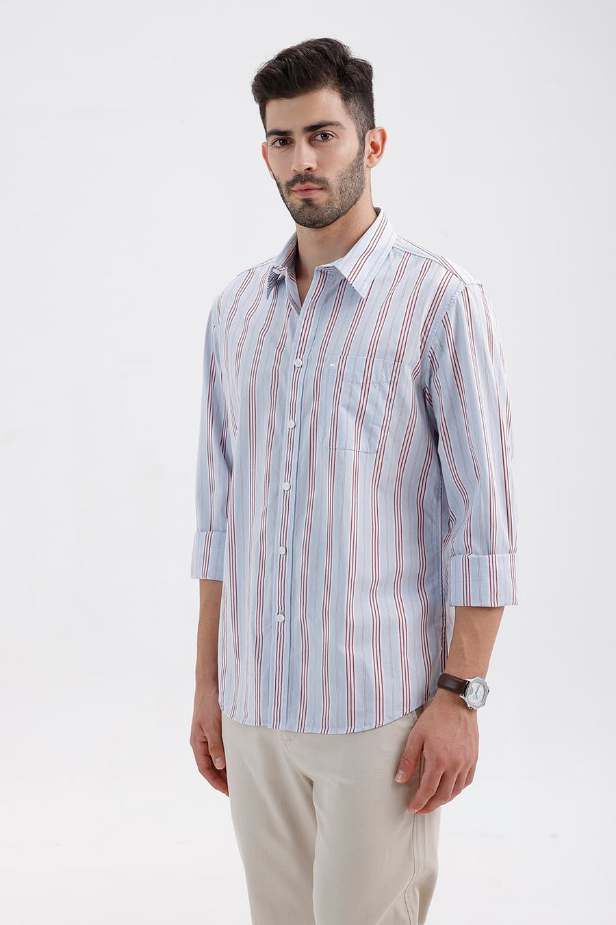 BASICS SLIM FIT HEATHER BLUE COTTON STRIPE SHIRT