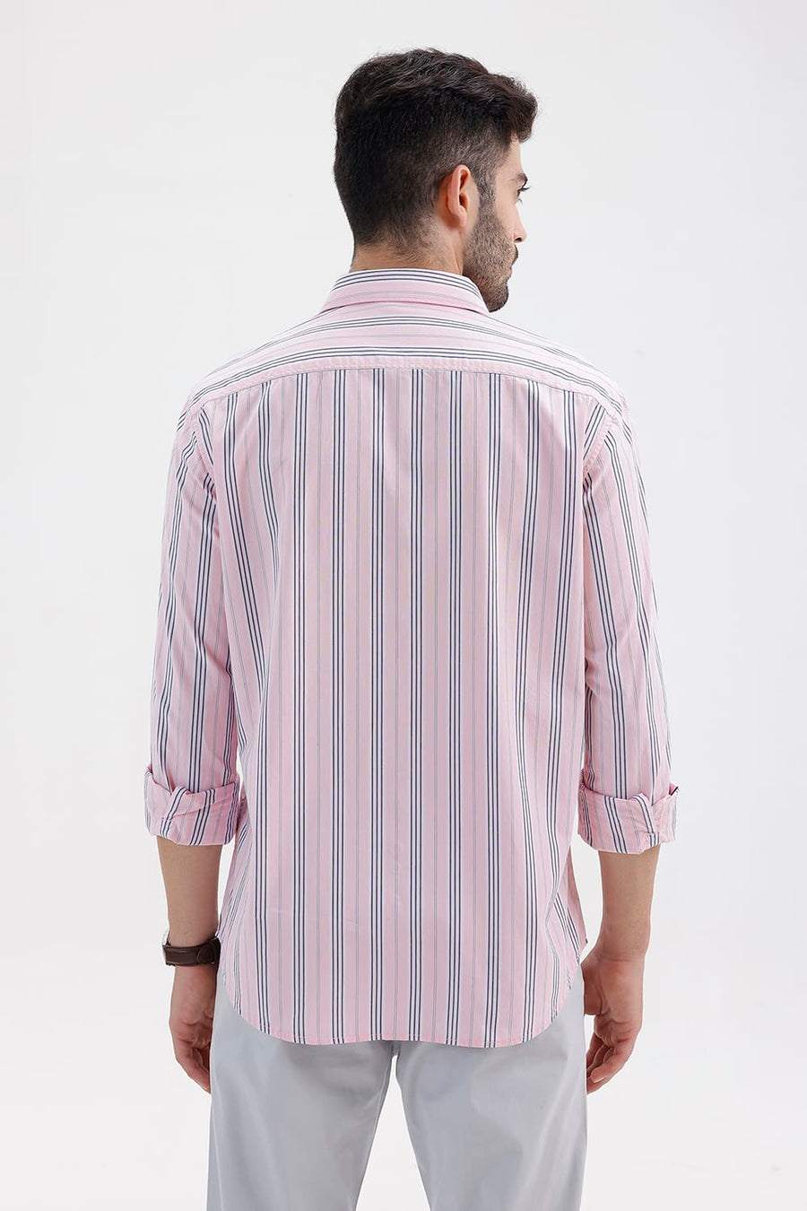 BASICS SLIM FIT PALE PINK COTTON STRIPE SHIRT