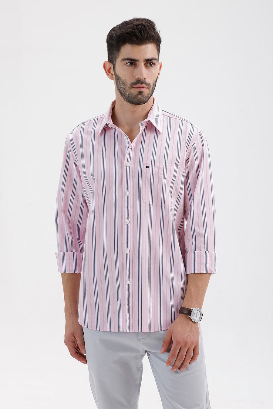 BASICS SLIM FIT PALE PINK COTTON STRIPE SHIRT