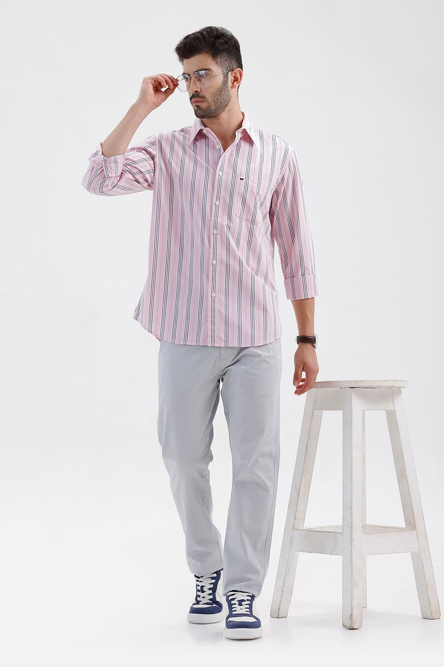 BASICS SLIM FIT PALE PINK COTTON STRIPE SHIRT