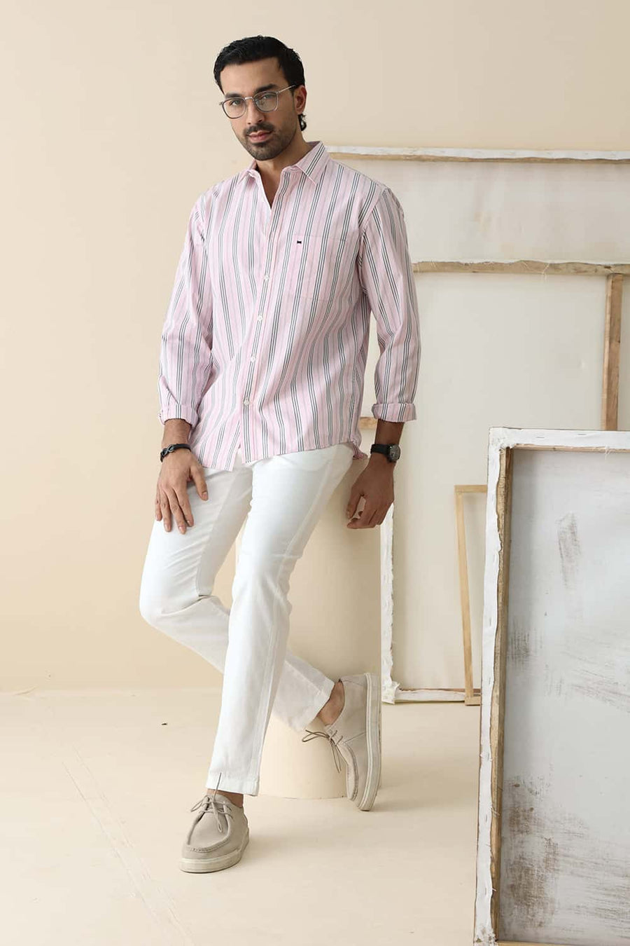 Basics Slim Fit Pale Pink Cotton Stripe Shirt