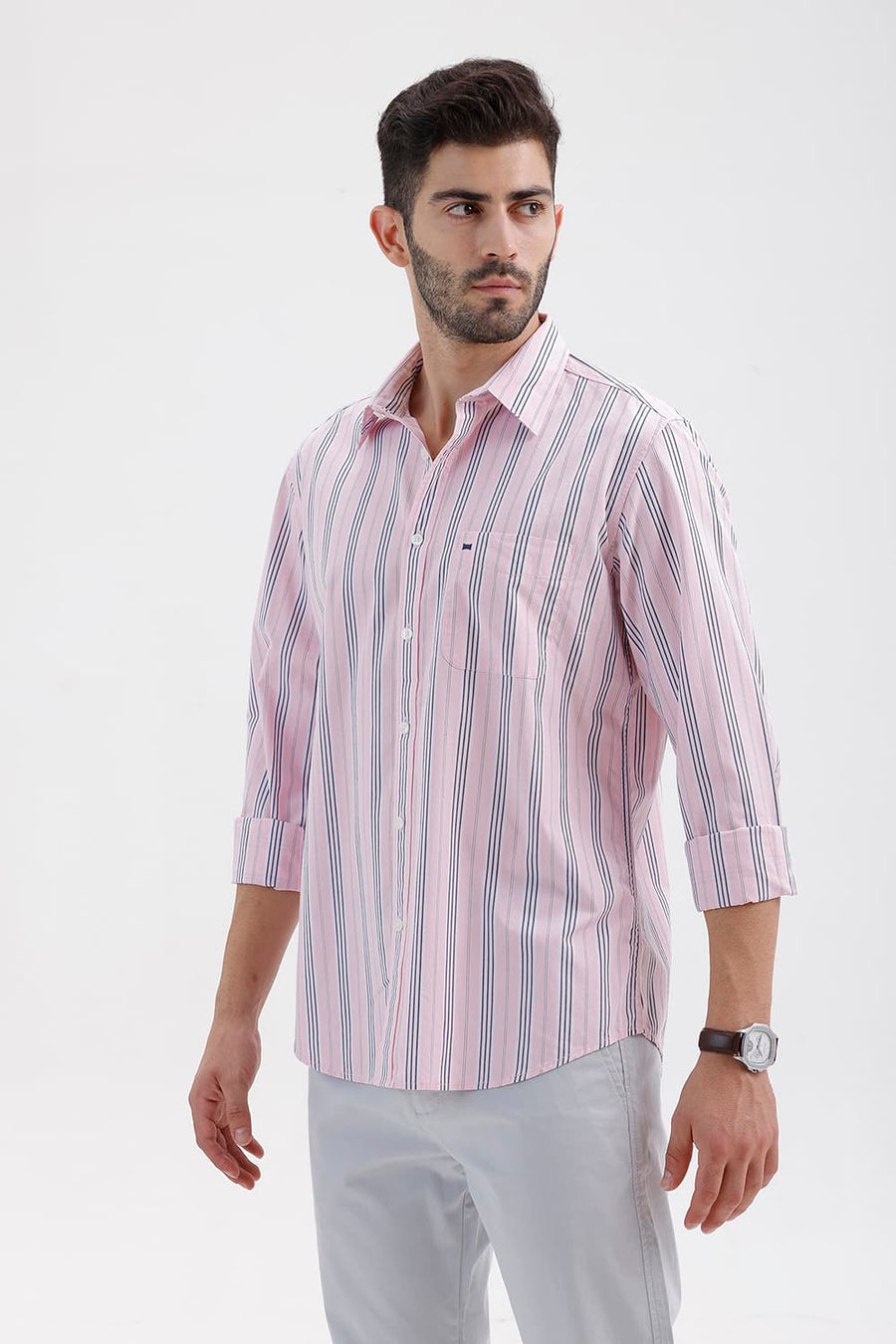 BASICS SLIM FIT PALE PINK COTTON STRIPE SHIRT