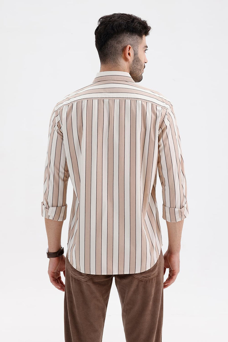 BASICS SLIM FIT NATURAL BROWN COTTON STRIPE SHIRT