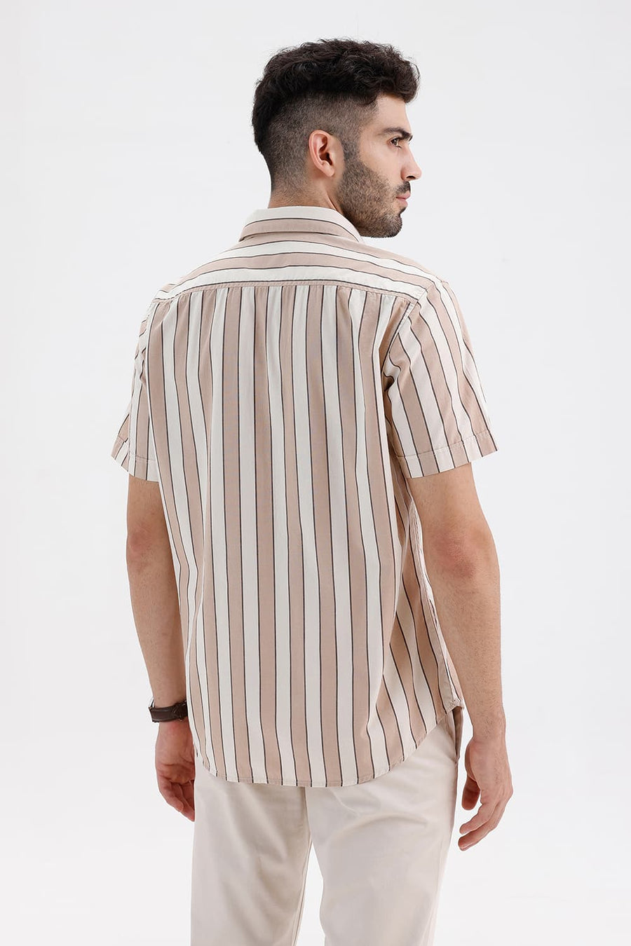 BASICS SLIM FIT NATURAL BROWN COTTON STRIPE HALFSLEEVES SHIRT
