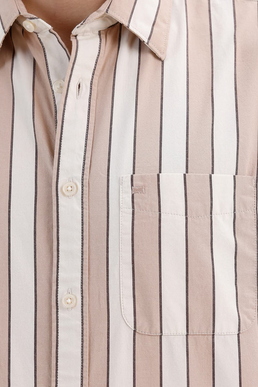 BASICS SLIM FIT NATURAL BROWN COTTON STRIPE HALFSLEEVES SHIRT