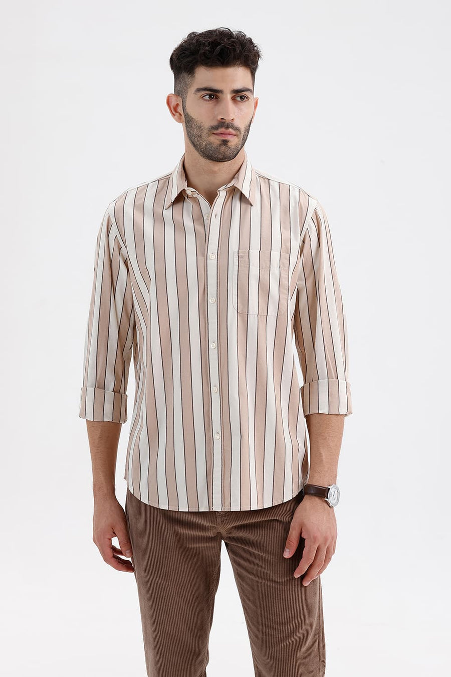 BASICS SLIM FIT NATURAL BROWN COTTON STRIPE SHIRT