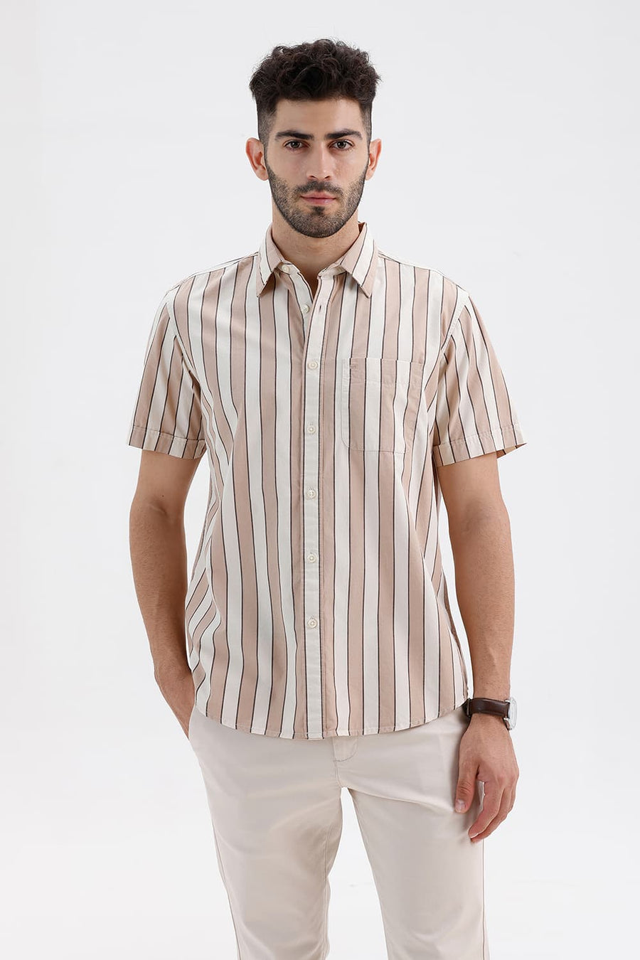 BASICS SLIM FIT NATURAL BROWN COTTON STRIPE HALFSLEEVES SHIRT