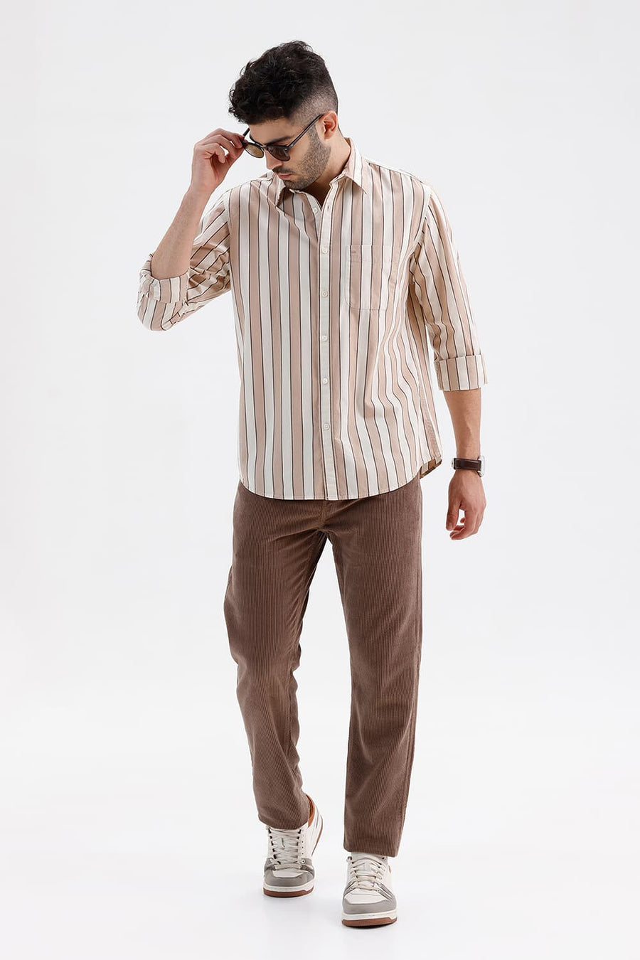 BASICS SLIM FIT NATURAL BROWN COTTON STRIPE SHIRT