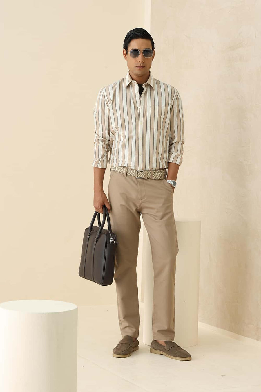 Basics Slim Fit Natural Brown Cotton Stripe Shirt