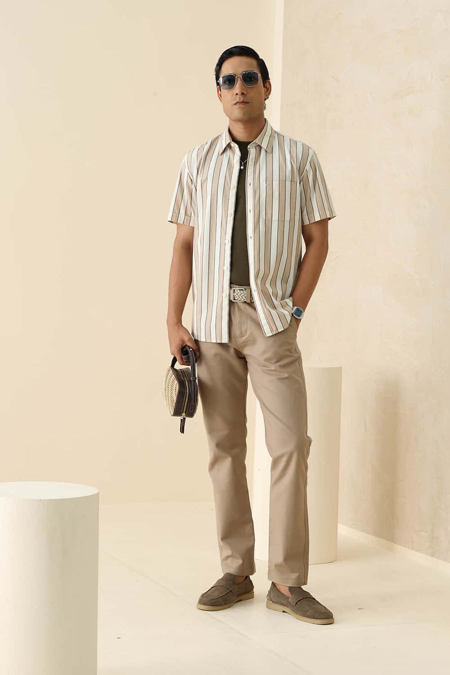 Basics Slim Fit Natural Brown Cotton Stripe Halfsleeves Shirt