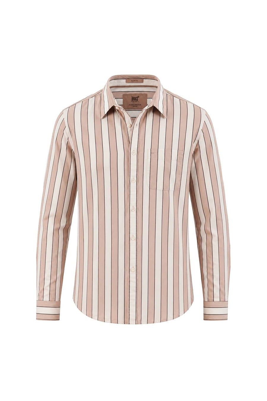 BASICS SLIM FIT NATURAL BROWN COTTON STRIPE SHIRT