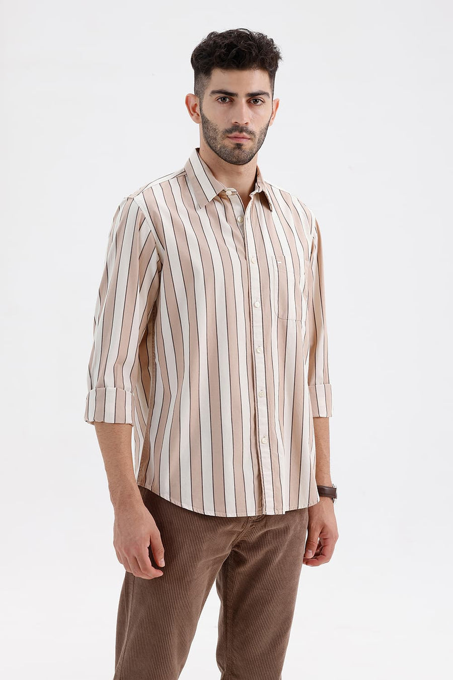 BASICS SLIM FIT NATURAL BROWN COTTON STRIPE SHIRT