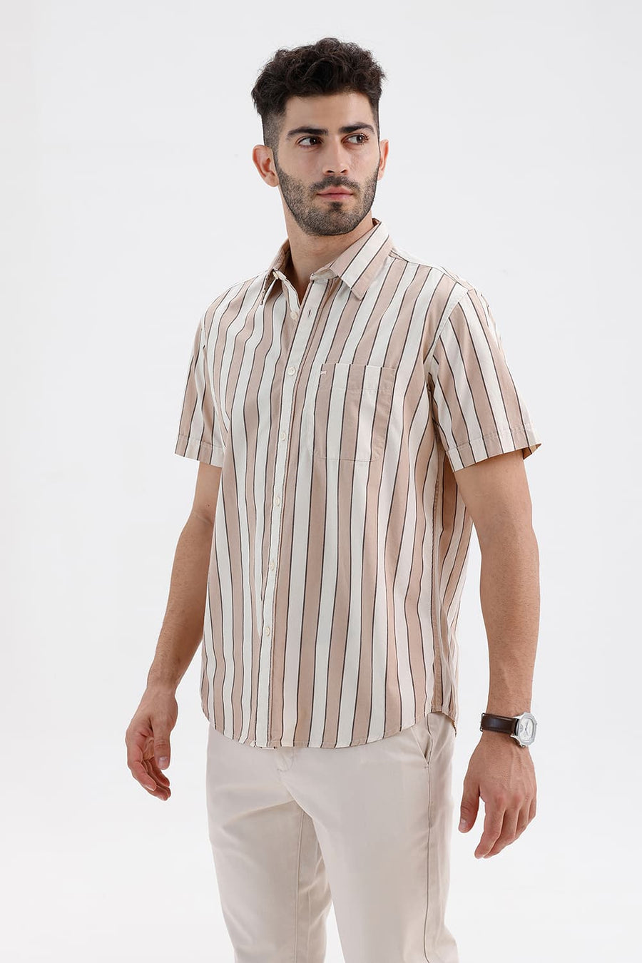 BASICS SLIM FIT NATURAL BROWN COTTON STRIPE HALFSLEEVES SHIRT