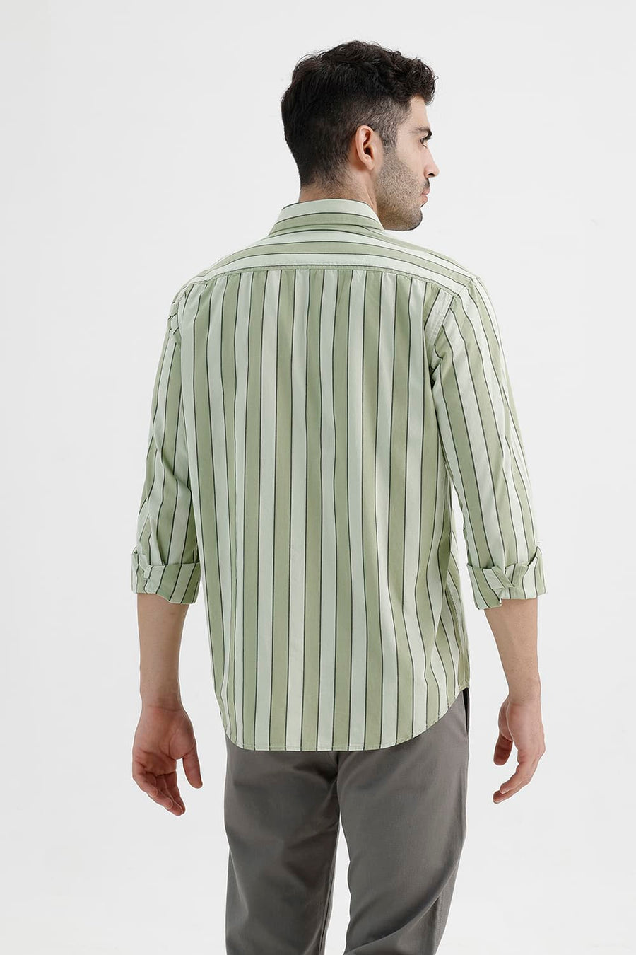 BASICS SLIM FIT BOG GREEN COTTON STRIPE SHIRT