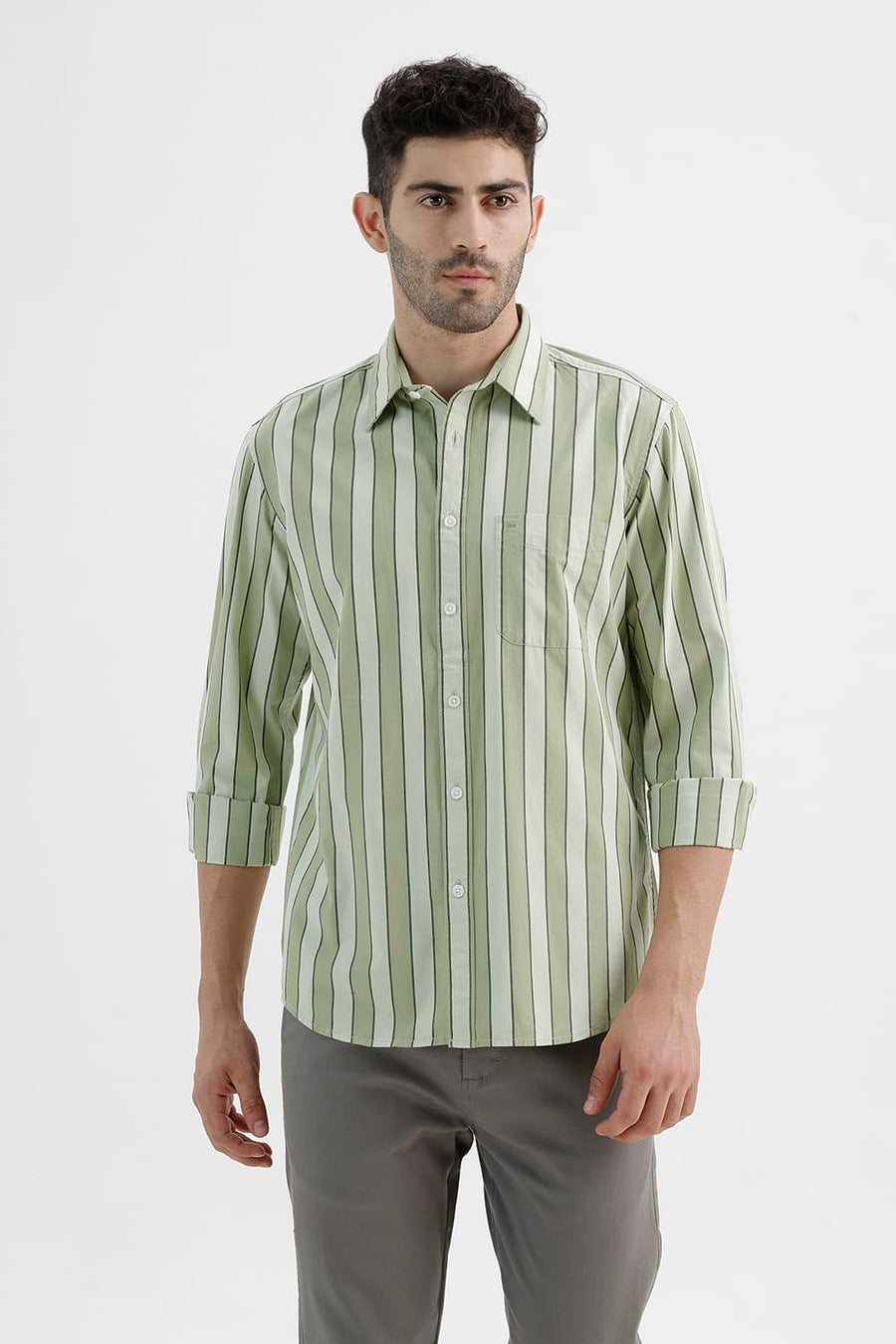BASICS SLIM FIT BOG GREEN COTTON STRIPE SHIRT