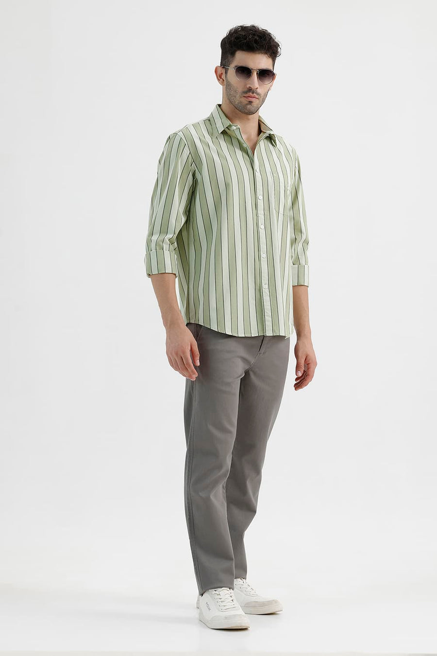 BASICS SLIM FIT BOG GREEN COTTON STRIPE SHIRT