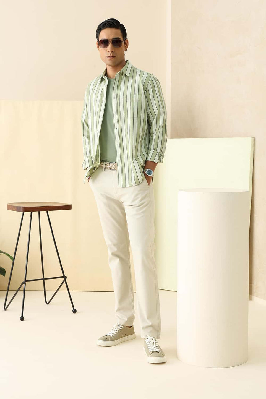 Basics Slim Fit Bog Green Cotton Stripe Shirt