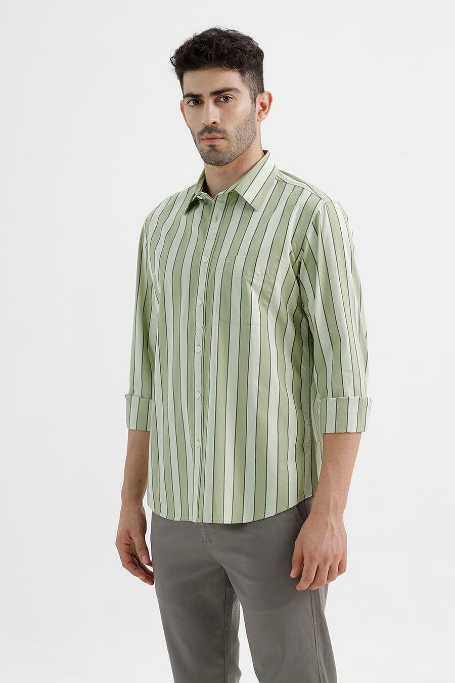 BASICS SLIM FIT BOG GREEN COTTON STRIPE SHIRT