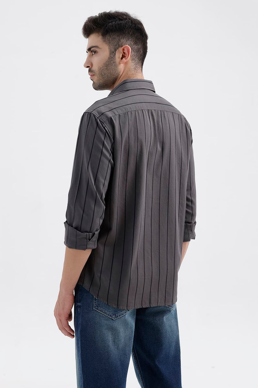 BASICS SLIM FIT TOWER GREY COTTON TWILL STRIPE SHIRT