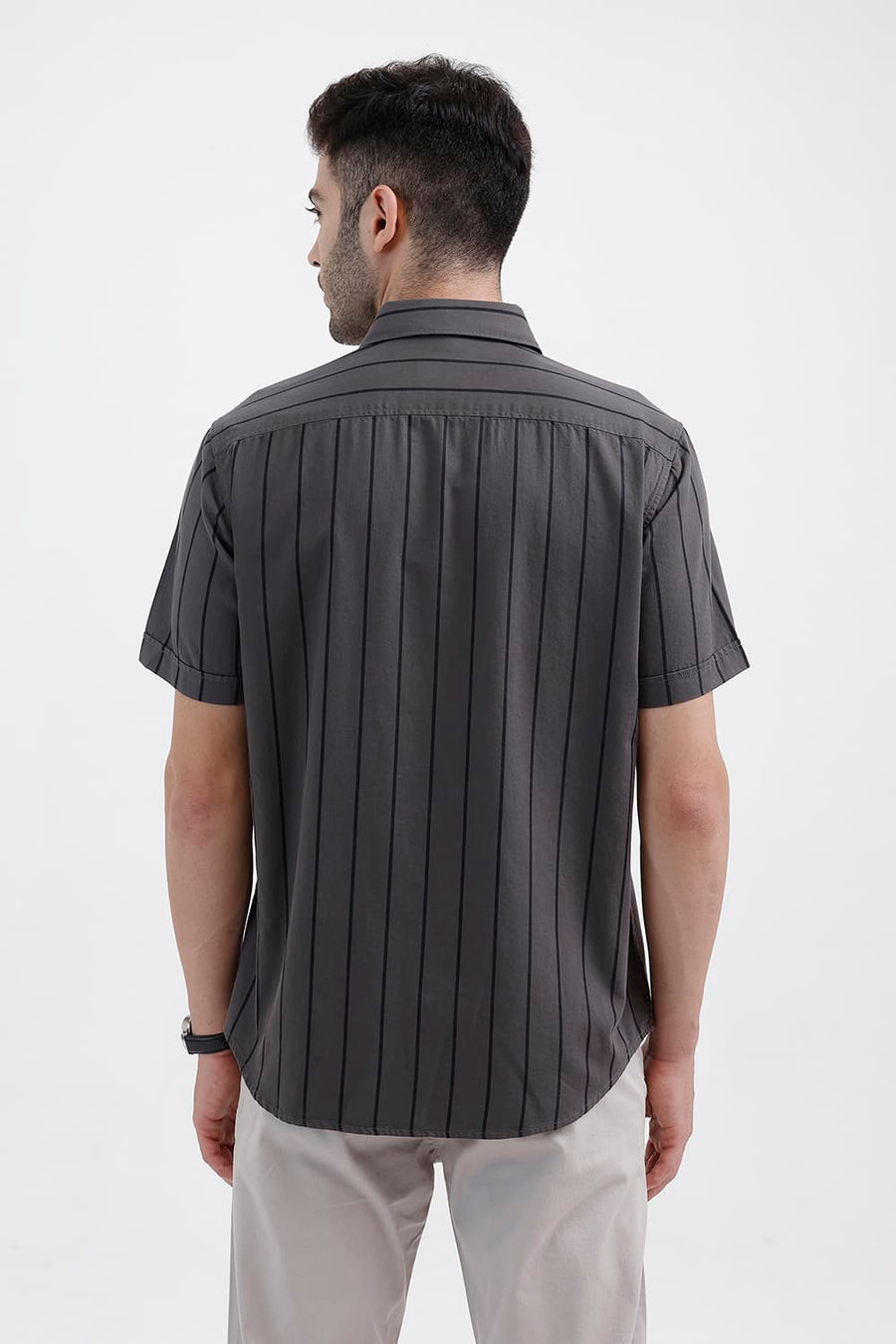 BASICS SLIM FIT TOWER GREY COTTON TWILL STRIPE HALFSLEEVES SHIRT