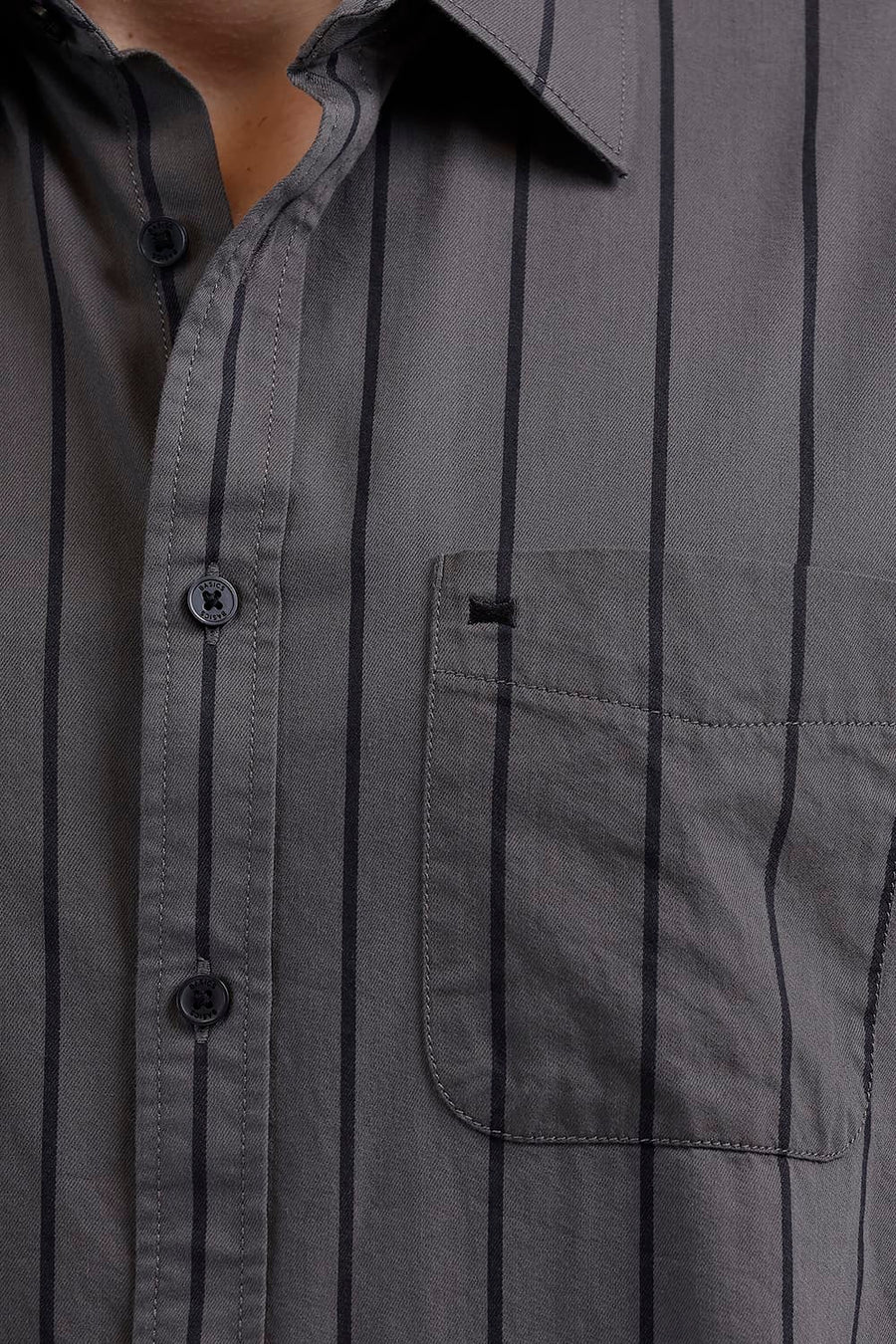 BASICS SLIM FIT TOWER GREY COTTON TWILL STRIPE HALFSLEEVES SHIRT