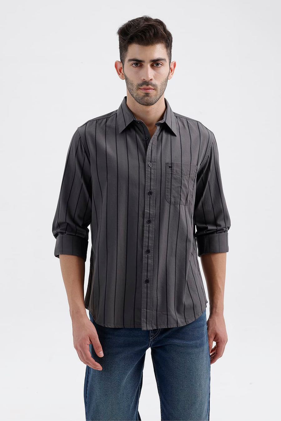 BASICS SLIM FIT TOWER GREY COTTON TWILL STRIPE SHIRT