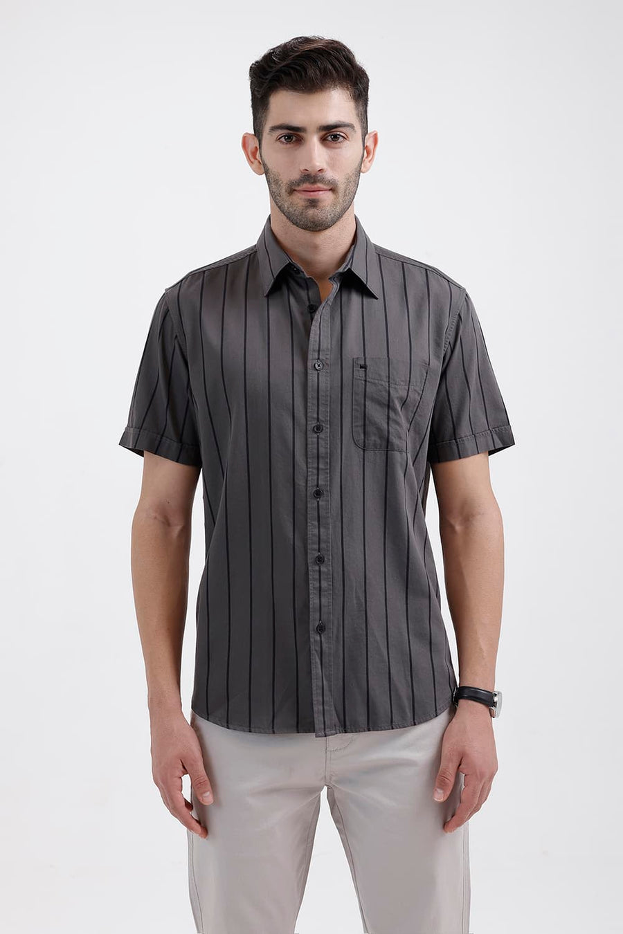 BASICS SLIM FIT TOWER GREY COTTON TWILL STRIPE HALFSLEEVES SHIRT