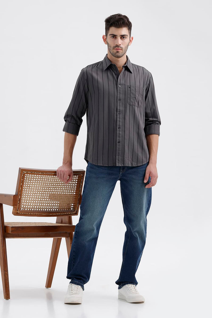 BASICS SLIM FIT TOWER GREY COTTON TWILL STRIPE SHIRT