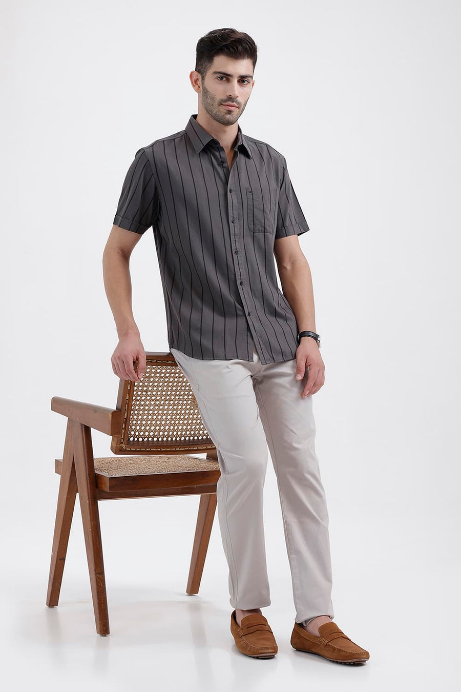 BASICS SLIM FIT TOWER GREY COTTON TWILL STRIPE HALFSLEEVES SHIRT