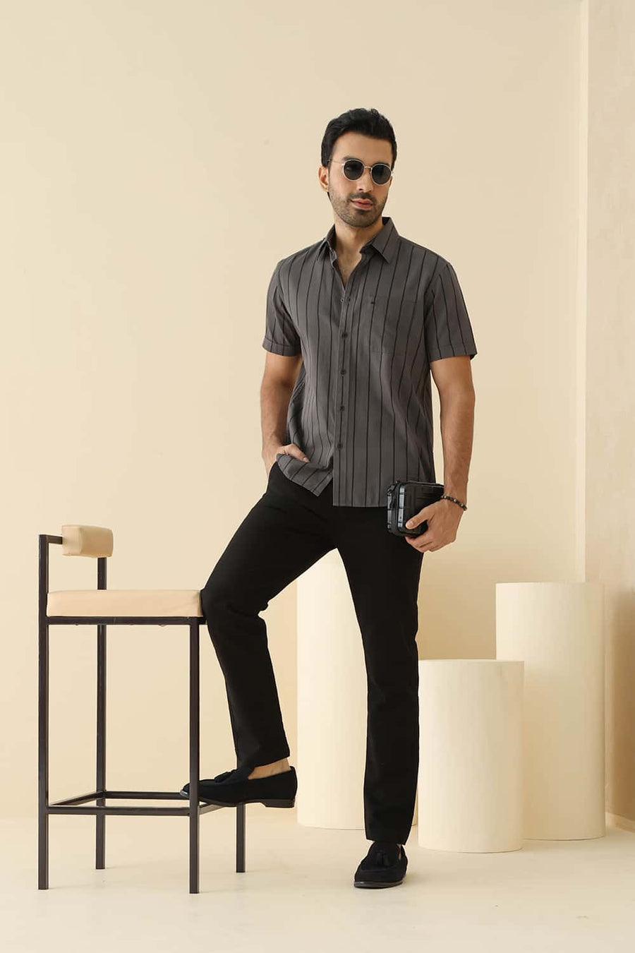 Basics Slim Fit Tower Grey Cotton Twill Stripe Halfsleeves Shirt