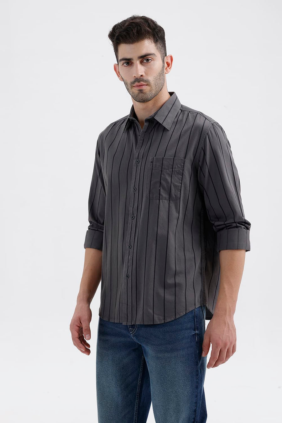 BASICS SLIM FIT TOWER GREY COTTON TWILL STRIPE SHIRT