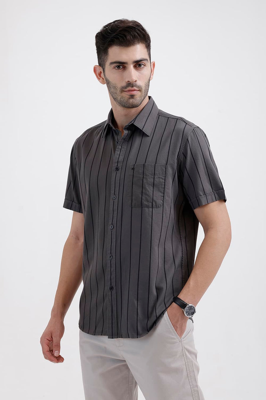 BASICS SLIM FIT TOWER GREY COTTON TWILL STRIPE HALFSLEEVES SHIRT