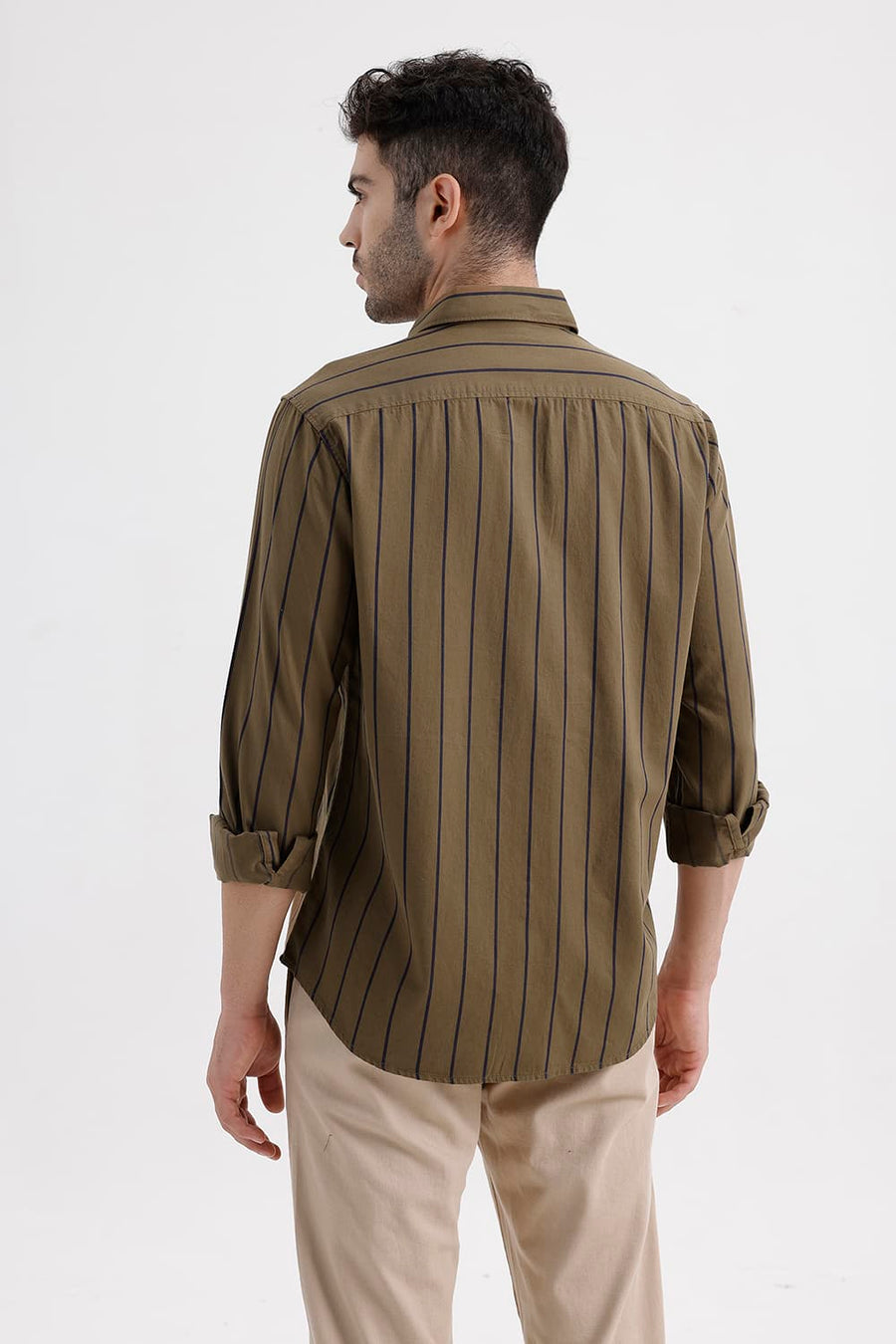 BASICS SLIM FIT KANGAROO KHAKI COTTON TWILL STRIPE SHIRT