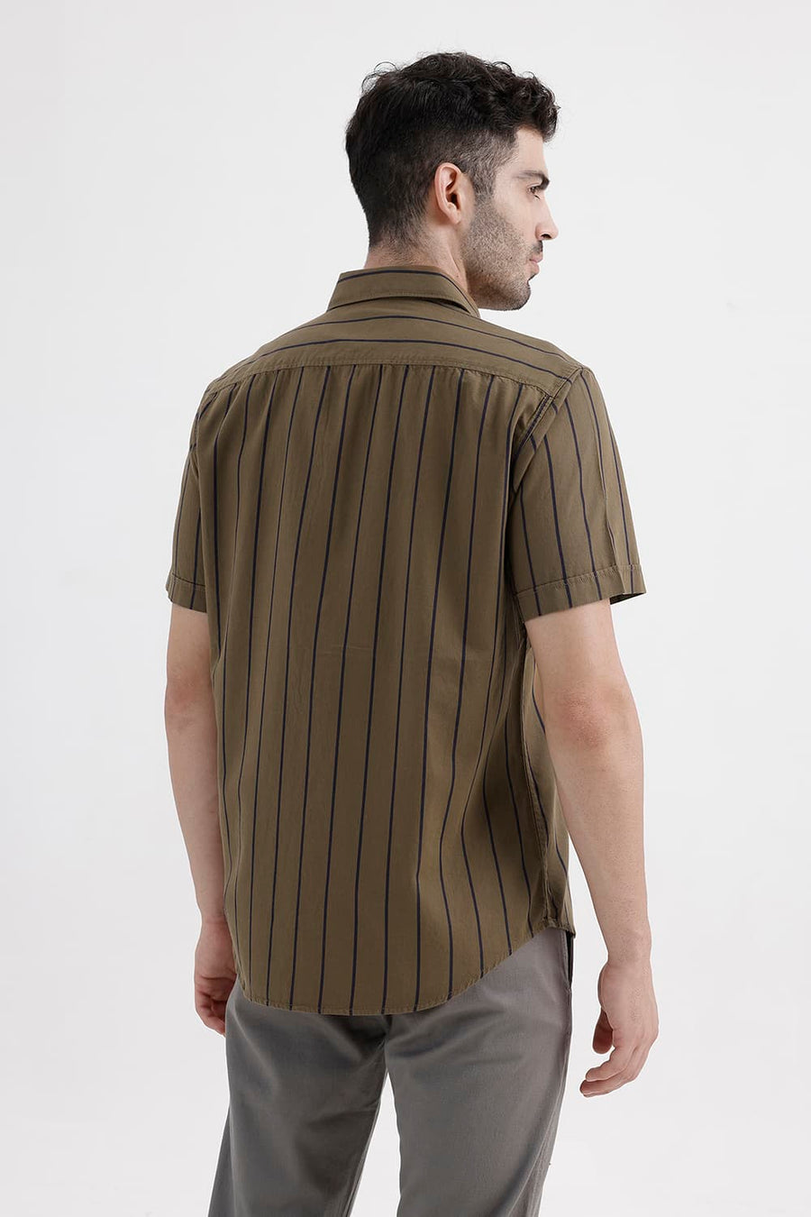 BASICS SLIM FIT KANGAROO KHAKI COTTON TWILL STRIPE HALFSLEEVES SHIRT