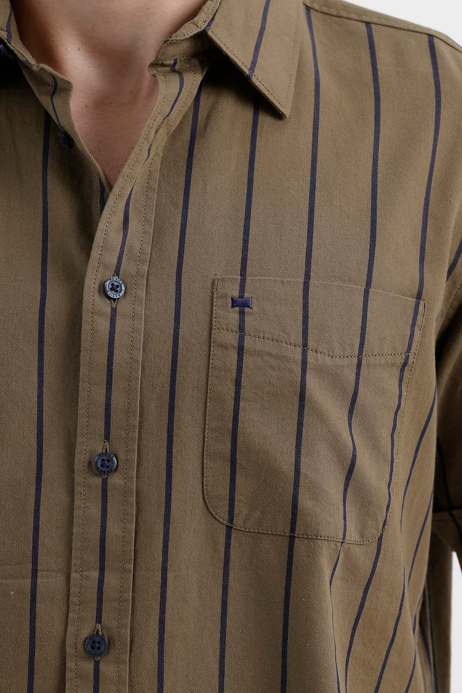 BASICS SLIM FIT KANGAROO KHAKI COTTON TWILL STRIPE HALFSLEEVES SHIRT