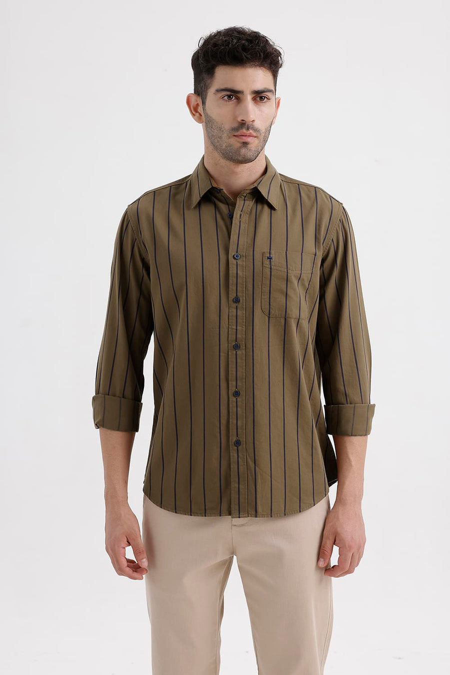 BASICS SLIM FIT KANGAROO KHAKI COTTON TWILL STRIPE SHIRT