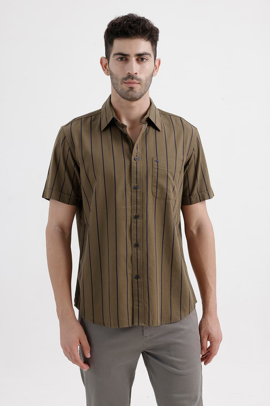 BASICS SLIM FIT KANGAROO KHAKI COTTON TWILL STRIPE HALFSLEEVES SHIRT