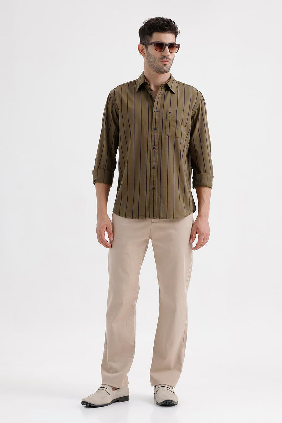 BASICS SLIM FIT KANGAROO KHAKI COTTON TWILL STRIPE SHIRT