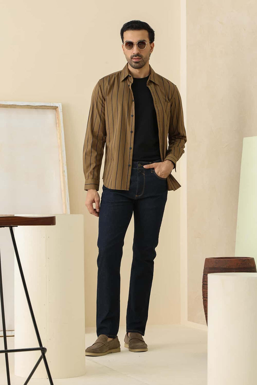 Basics Slim Fit Kangaroo Khaki Cotton Twill Stripe Shirt