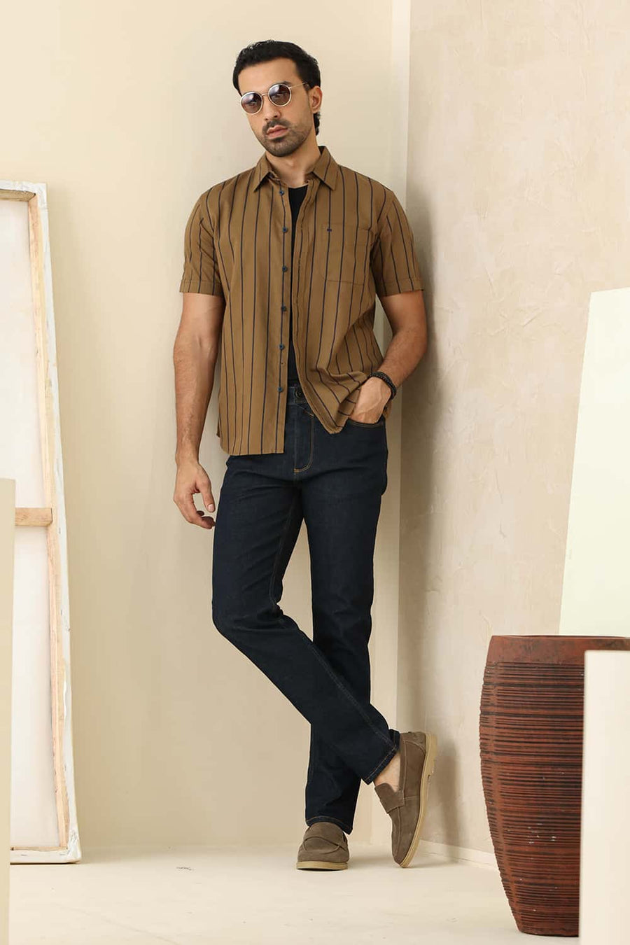 Basics Slim Fit Kangaroo Khaki Cotton Twill Stripe Halfsleeves Shirt