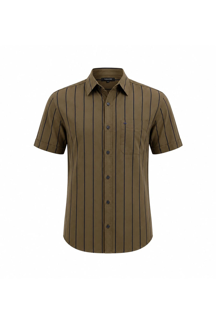 BASICS SLIM FIT KANGAROO KHAKI COTTON TWILL STRIPE HALFSLEEVES SHIRT
